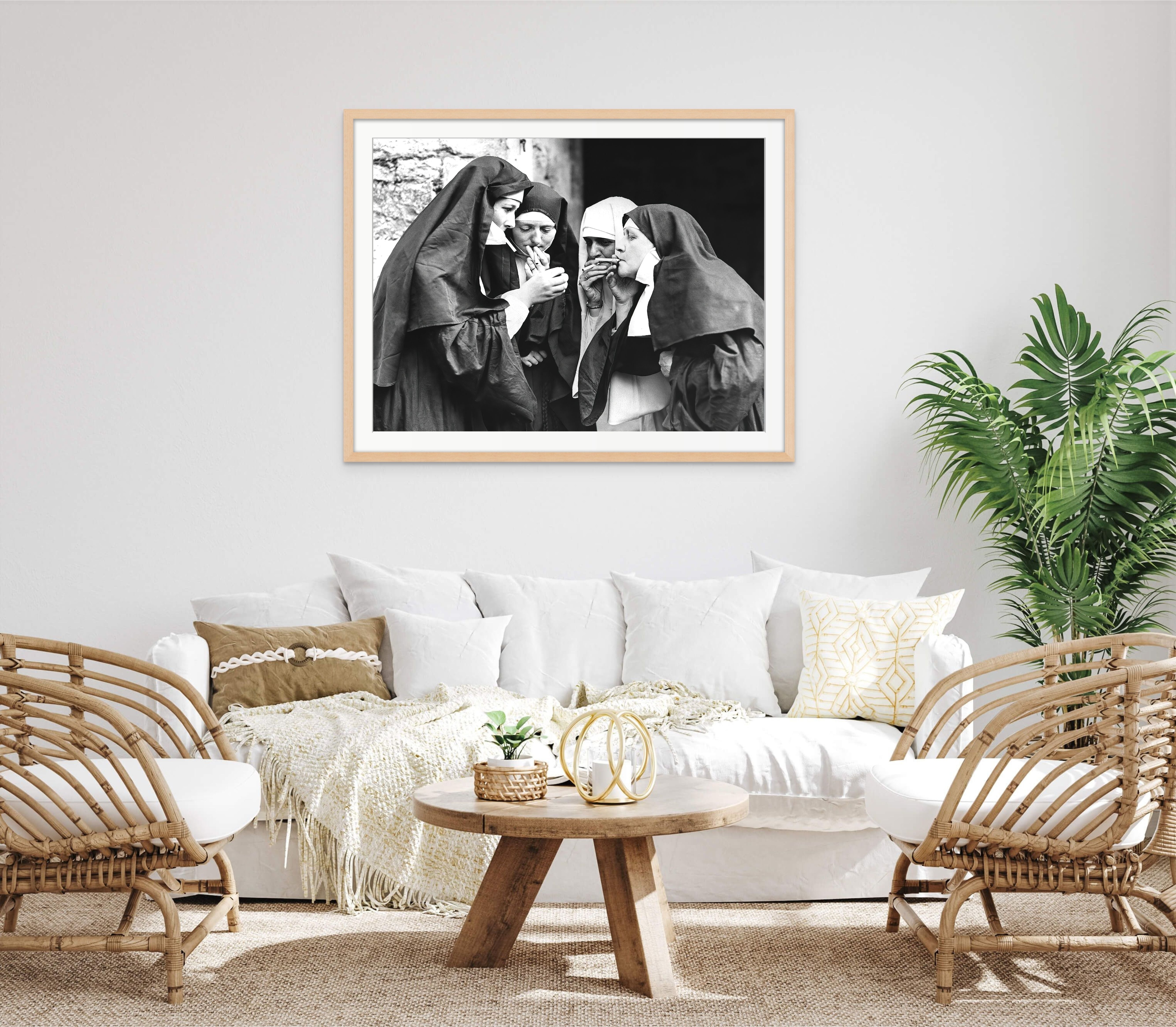 Nuns Smoking Black & White Wall Art Print